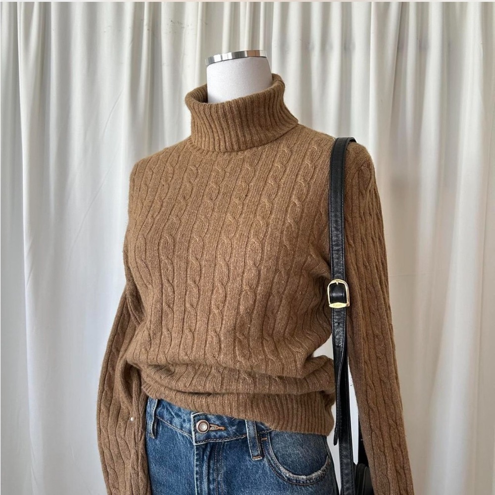 J.Crew tan cable knit turtleneck sweater wool cashmere blend size Large. - Picture 1 of 8
